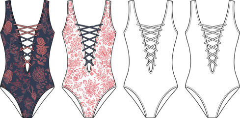 Cad drawing flat vector illustration, swimsuit design, laced one-piece swimsuit, floral pattern swimwear, fashion sketch, beachwear vector design, women’s swimwear flat design, swimsuit front view