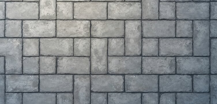 Seamless pattern of gray paver bricks in flat lay background. Rectangular textured tiles form repeating geometric shape, suggesting sidewalk patio construction. Ideal for architectural design,