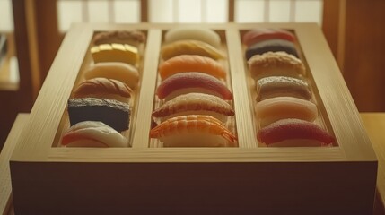 Assorted Sushi Selection in Elegant Wooden Display for Gastronomy Aficionados