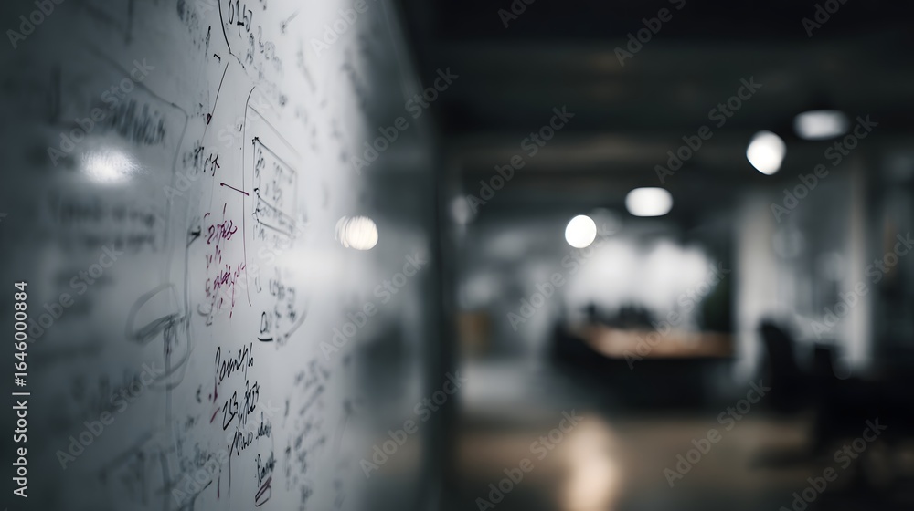 Poster whiteboard filled with analytical diagrams and calculations under sharp lighting