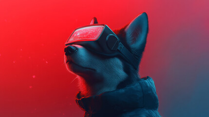 Playful canine wearing sleek virtual reality headset against vibrant red background. futuristic design highlights dog curious expression, blending technology and pet charm
