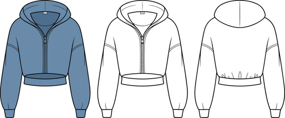 Cad drawing flat vector illustration, cropped hoodie front view, cropped hoodie back view, zip up sweatshirt, technical fashion drawing, garment sketch, apparel design, womenswear outerwear © Md