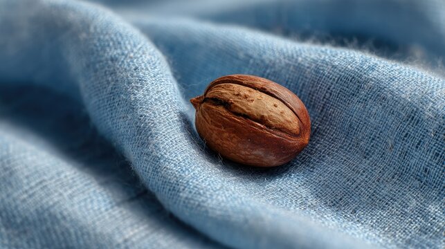 Close-up of a shea nut on a soft, light blue fabric