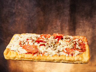 Meat feast pizza with different kind of salami and ham in rectangular shape, painted cloth background. Popular Italian dish with dough base, tomato sauce, cheese and other ingredients and spices.