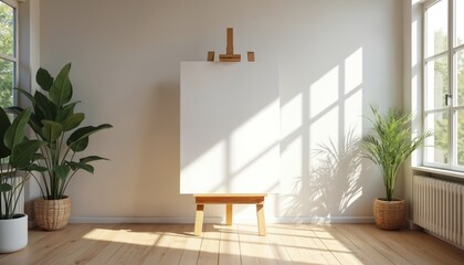 Fototapeta premium Blank canvas on wooden easel in sunlit studio with large windows, potted plants. Minimalist interior design awaits creative inspiration, featuring natural light, peaceful atmosphere for art creation.