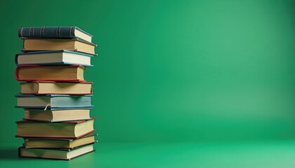 Stack of books on green screen background. Features hardcover, paperback books in neat, organised pile. Essential visual for education, learning, literature, research themes. Useful for digital