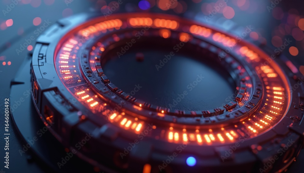Poster abstract circular device with glowing orange lights, dark center. futuristic technology, cybernetic 