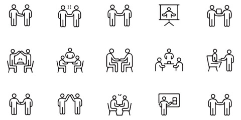 Minimal Line Meeting Icon Set Teamwork, Presentation, Negotiation, and Corporate Communication Vector Illustrations