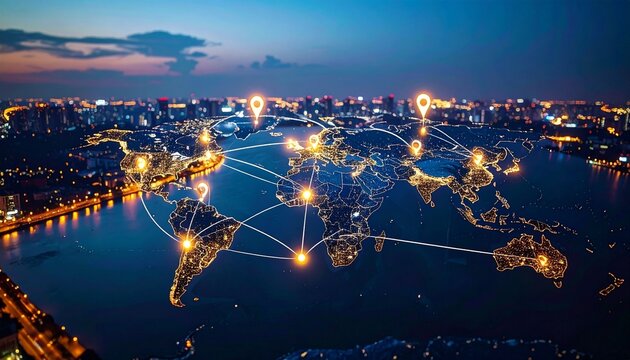 Global night map with glowing hubs and connection lines, symbolizing worldwide communication and network infrastructure