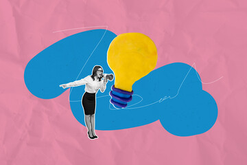 Composite creative art collage of angry dictator businesswoman scream megaphone light bulb idea...