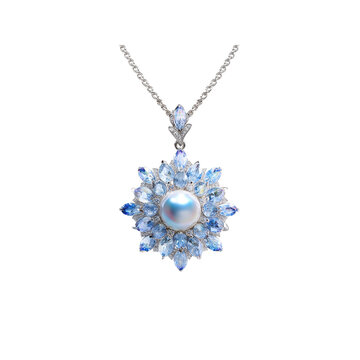 Elegant Pearl and Blue Topaz Snowflake Pendant Necklace