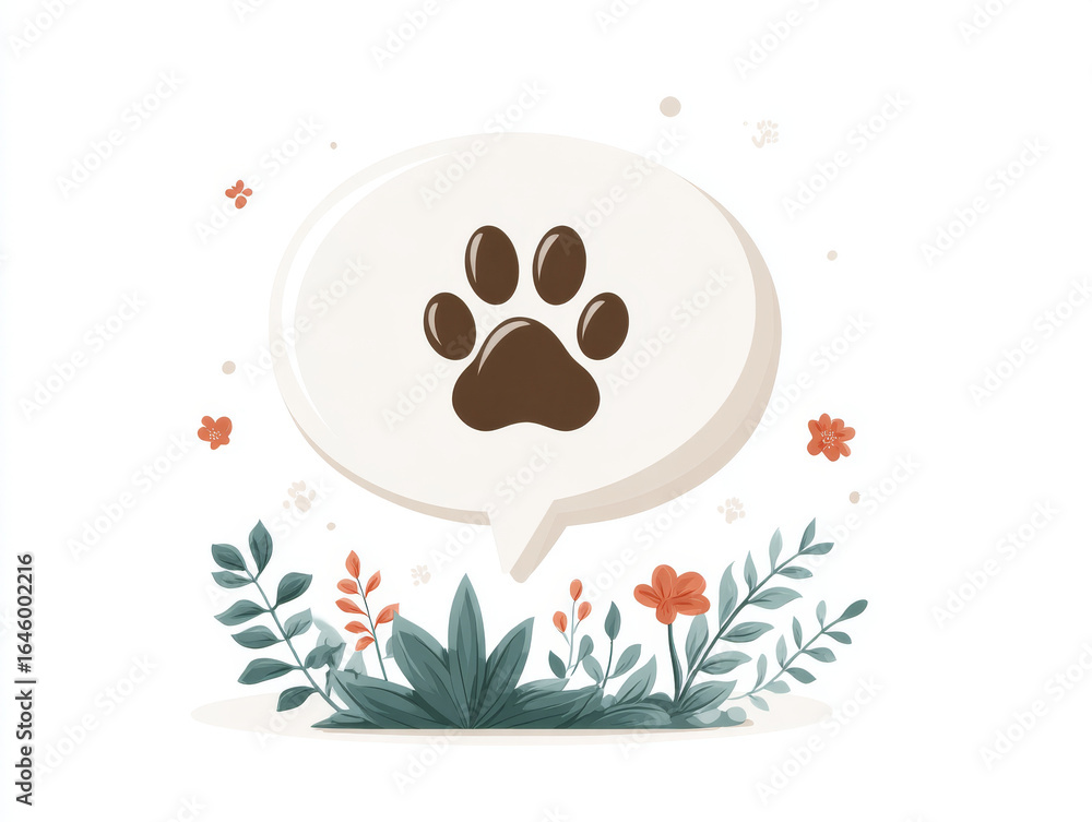 Poster speech bubble features paw print, surrounded by colorful flowers and green leaves, creating playful 