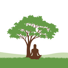 Meditative silhouette under a peaceful tree in a serene green landscape, Finding peace in nature - silhouette of a person in lotus position under a tree