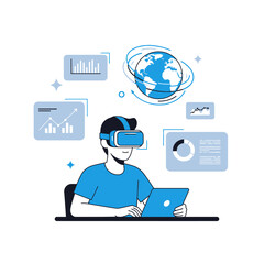 A person uses a laptop in virtual reality with data visualizations floating around, Global data analysis in virtual reality with laptop and virtual reality headset