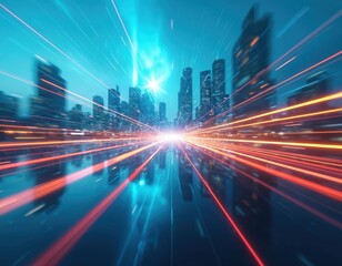 Obraz premium Blurred city skyline with streaks of light suggests fast-paced technology, business growth. Vibrant blue, orange lines convey innovation, movement. Corporate background progress, strategy, teamwork.
