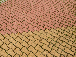 A red brick pavement with a black and white pattern. The bricks are laid in a grid pattern
