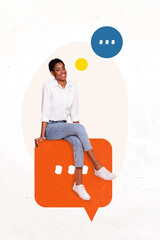 Sketch image trend artwork montage photo collage of young lady smile sot speech cloud feedback...