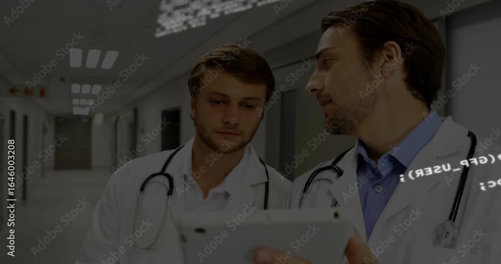 Poster code overlay scrolling over hospital initiating two doctors analyzing tablet data for patient care