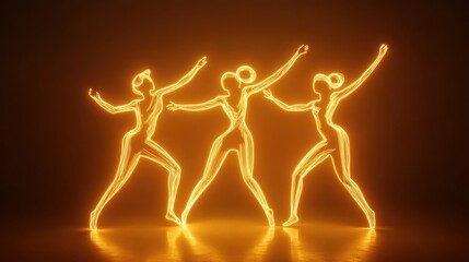Fototapeta premium Three Elegant Dancers in Glowing Neon Light Against Dark Background