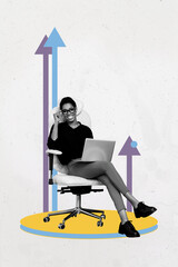 Trend image vertical photo collage of happy businesswoman businessman receive arrow development...