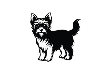 Fototapeta premium Black and white illustration of a small Yorkshire Terrier dog standing on a white background with detailed fur texture silhouette
