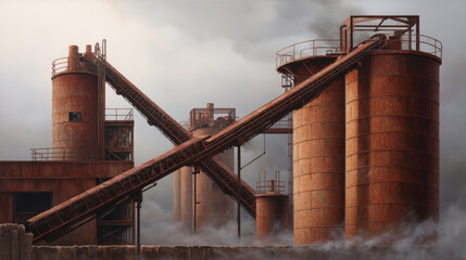 Industrial structures dominate landscape, featuring towering silos and conveyor belts against moody sky. rusted metal and weathered surfaces evoke sense of history and resilience