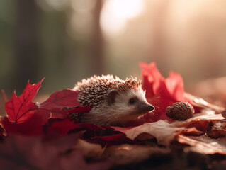 Charming hedgehog nestled among vibrant autumn leaves, showcasing its spiky fur and curious expression. warm sunlight filters through trees, creating serene atmosphere