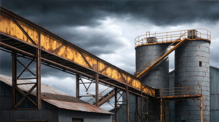 Industrial structure features weathered metal building with silos and conveyor system under dramatic sky. scene evokes sense of ruggedness and industrial charm