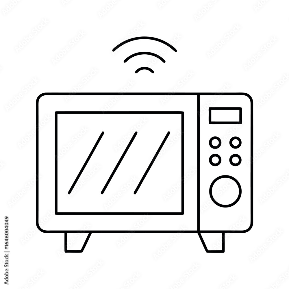 Poster simple line art illustration of a smart oven control panel with various buttons and indicators