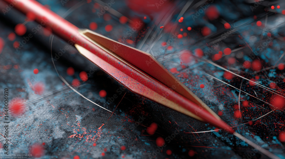 Poster sharp arrow with vibrant red tip rests on textured surface, surrounded by dynamic splashes of color 