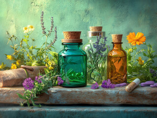 Herbal medicine bottles display vibrant colors surrounded by fresh flowers and herbs, creating serene and natural atmosphere. This composition evokes sense of wellness and tranquility