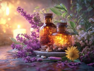 Serene arrangement of herbal medicine bottles surrounded by vibrant flowers and soft candlelight creates calming atmosphere. warm glow from jars enhances natural beauty of scene