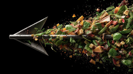 Dynamic arrow cutting through vibrant mix of fresh vegetables, including leafy greens, colorful peppers, and chunks of cheese, creating sense of motion and energy