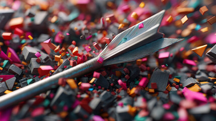 Sharp arrow lies amidst vibrant explosion of colorful geometric shapes, creating dynamic and energetic scene. contrast between metallic arrow and bright fragments adds visual interest