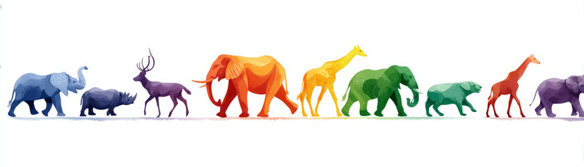 Colorful animals in vibrant line, showcasing variety of species including elephants, giraffes, and rhinos. illustration captures lively and playful essence of wildlife