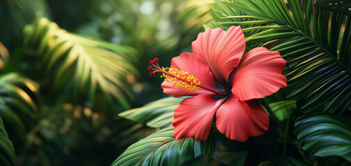 Vibrant hibiscus flower stands out against lush green foliage, showcasing its intricate petals and striking colors. This tropical scene evokes sense of tranquility and natural beauty
