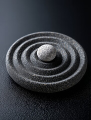 Small pebble rests textured stone surface, surrounded by concentric circular patterns. contrast between smooth pebble and rough stone creates calming visual effect, evoking tranquility and balance