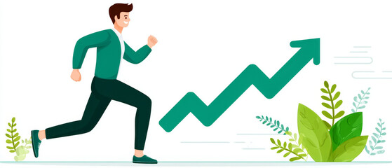 Digital illustration depicting man running towards upward trending graph, symbolizing growth and progress. background features green plants, enhancing theme of vitality and success