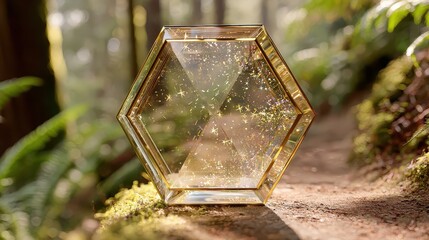 Transparent hexagonal prism reflecting light in lush green forest