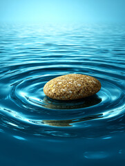 Smooth pebble rests on surface of tranquil water, creating gentle ripples that spread outward. serene blue tones evoke sense of calm and peace, inviting reflection and tranquility