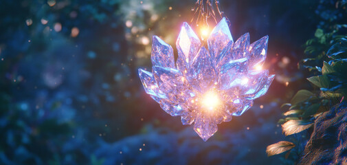 Ethereal floating crystal chandelier radiates magical glow, surrounded by lush greenery and soft bokeh lights, creating serene and enchanting atmosphere