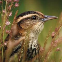 Naklejka premium A bird is sitting in a field of flowers