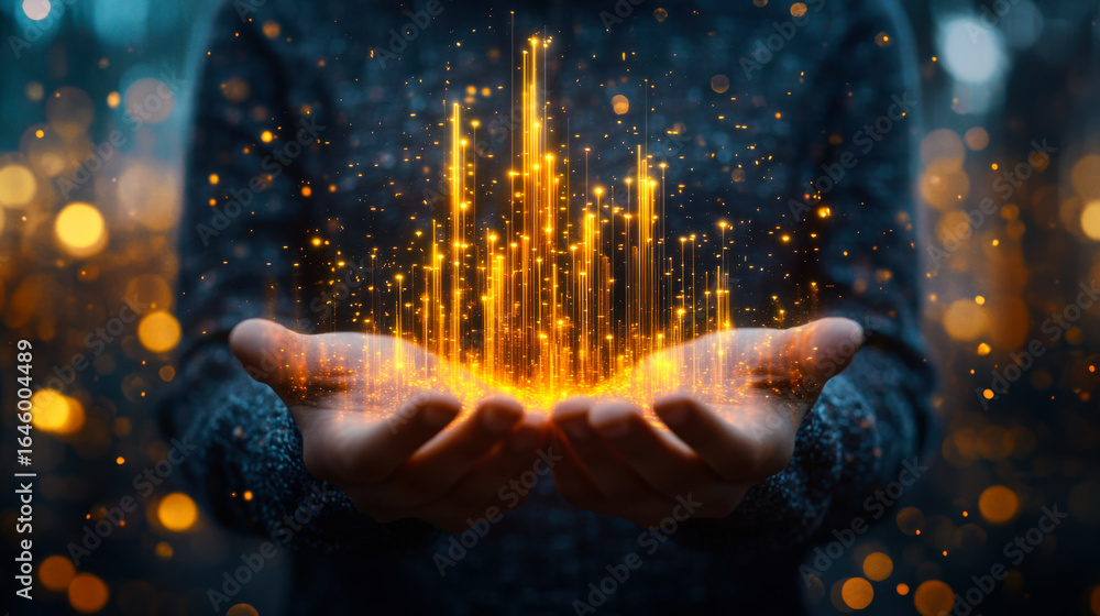 Poster Hands creating a sparkling golden light display in a mysterious dark setting at night