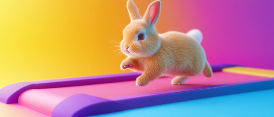 Cheerful bunny hops energetically on colorful treadmill, showcasing its playful nature against vibrant gradient background. scene radiates joy and liveliness