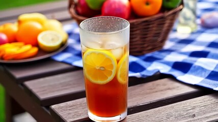 Iced Tea with Lemon Slices on a Wooden Picnic Table - Powered by Adobe