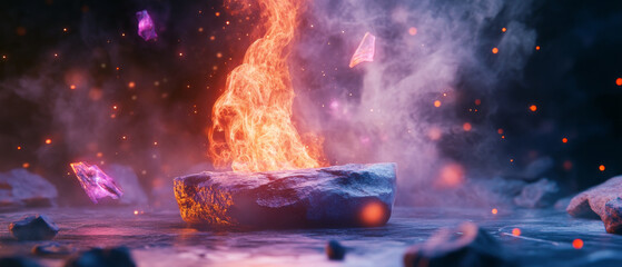 Mystical fire dances atop stone, surrounded by glowing crystals and swirling smoke. vibrant flames illuminate dark surroundings, creating enchanting atmosphere