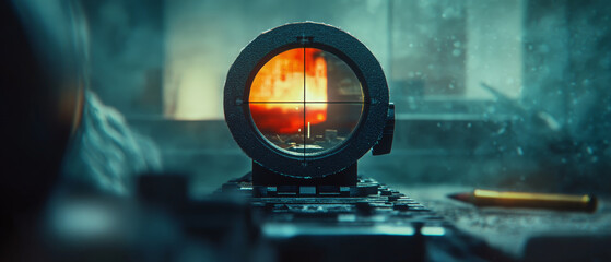 Close up view of sniper rifle scope, showcasing vibrant target area illuminated by fire. scene conveys tension and focus, with blurred background enhancing depth of field