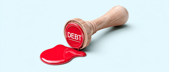 Wooden stamp with red ink seal displaying word DEBT is shown on light blue background. stamp is partially covered in red ink, creating striking visual effect
