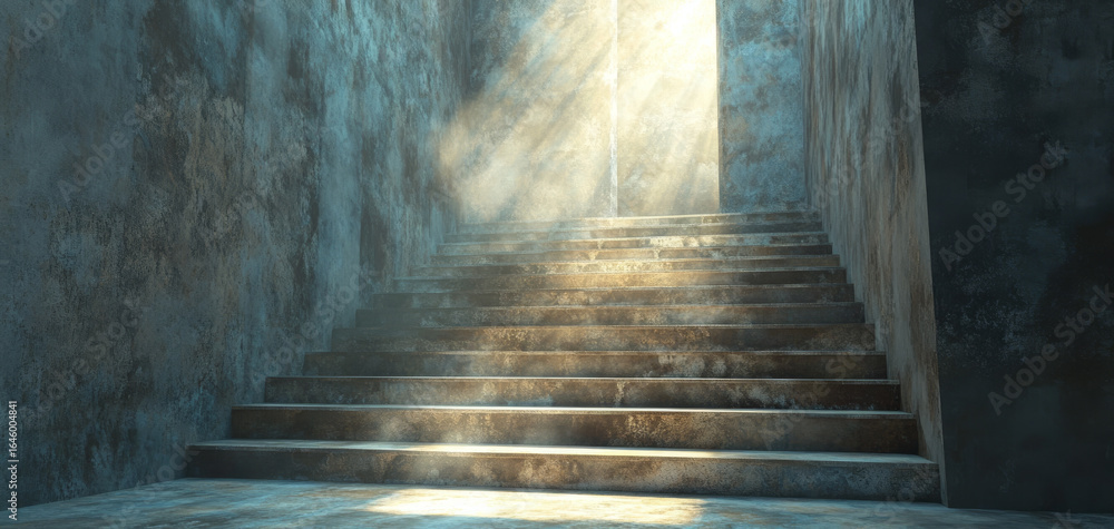 Poster ethereal stairway illuminated by celestial light, creating mystical atmosphere. scene evokes sense o