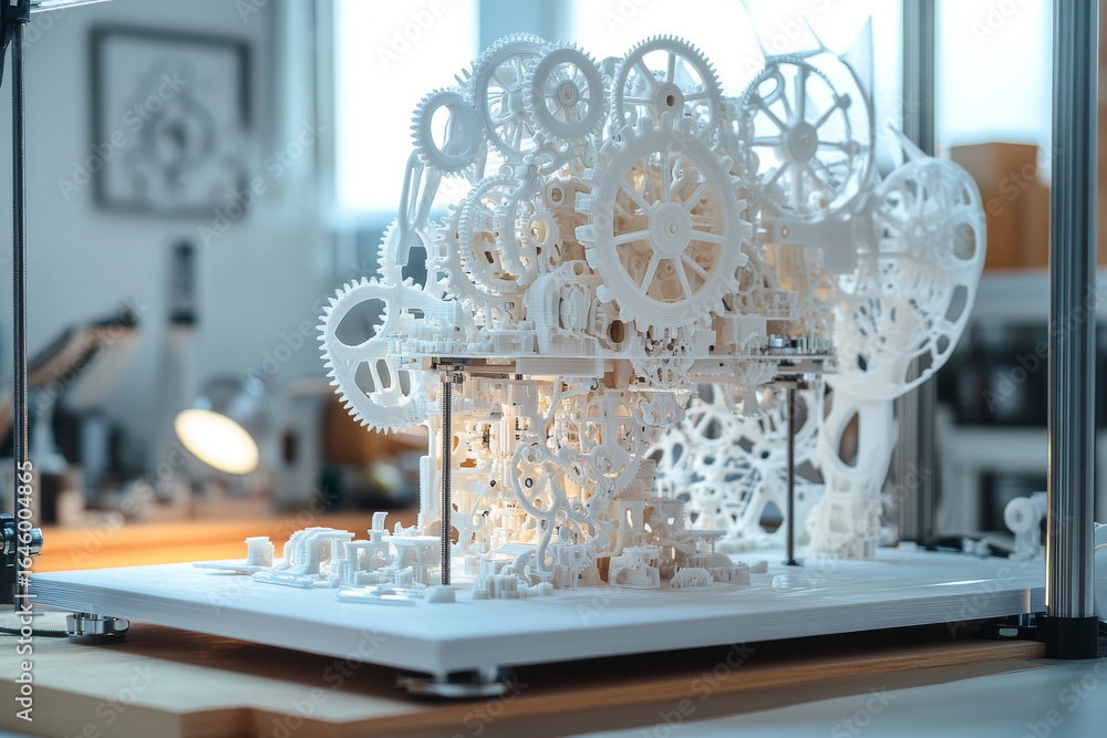 Poster 3d printer is creating intricate model featuring numerous gears and mechanical components, showcasin